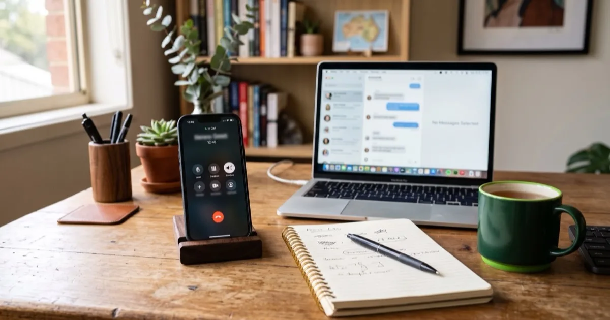 A smartphone on a stand mid-call, a notepad with a pen and a laptop showing a message thread