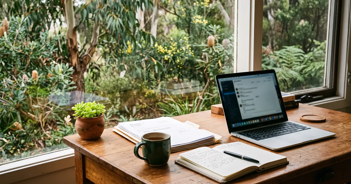 A home desk in morning light with two monitors, a notepad of file notes and a cup of tea beside the keyboard