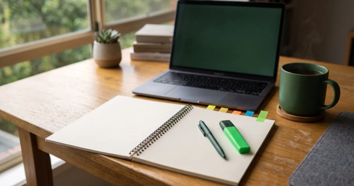 An open workbook with a highlighter and pen beside a laptop and a mug of tea