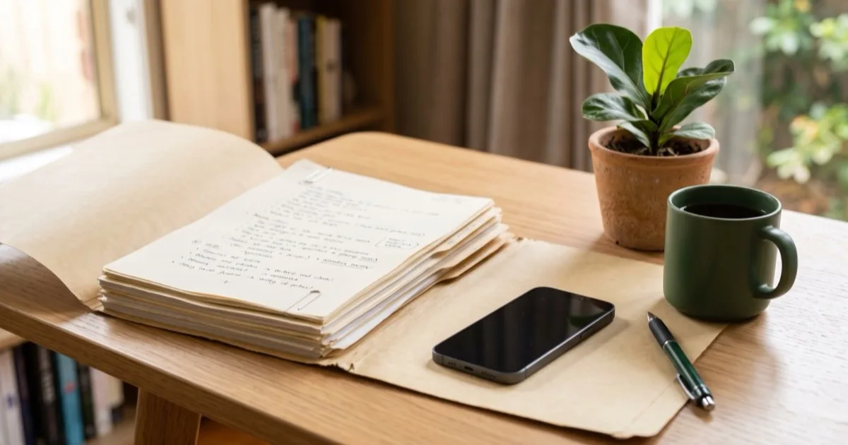 A stack of organised documents in a manila folder with a phone, a green mug and a plant