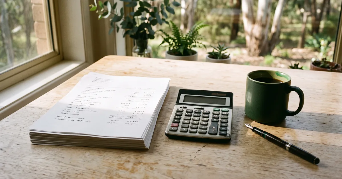 A processor at a sunlit desk with payslips, a calculator and a laptop showing a loan file