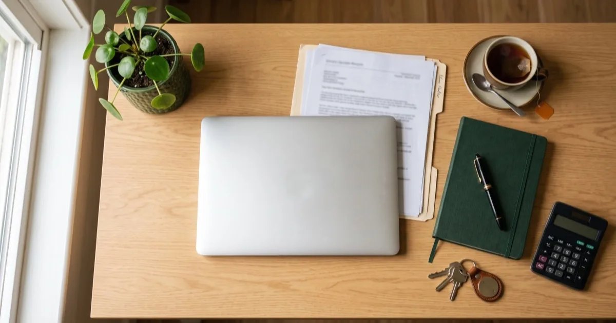 An overhead flat-lay of a loan processor's desk with a laptop, home-loan file, calculator and house keys