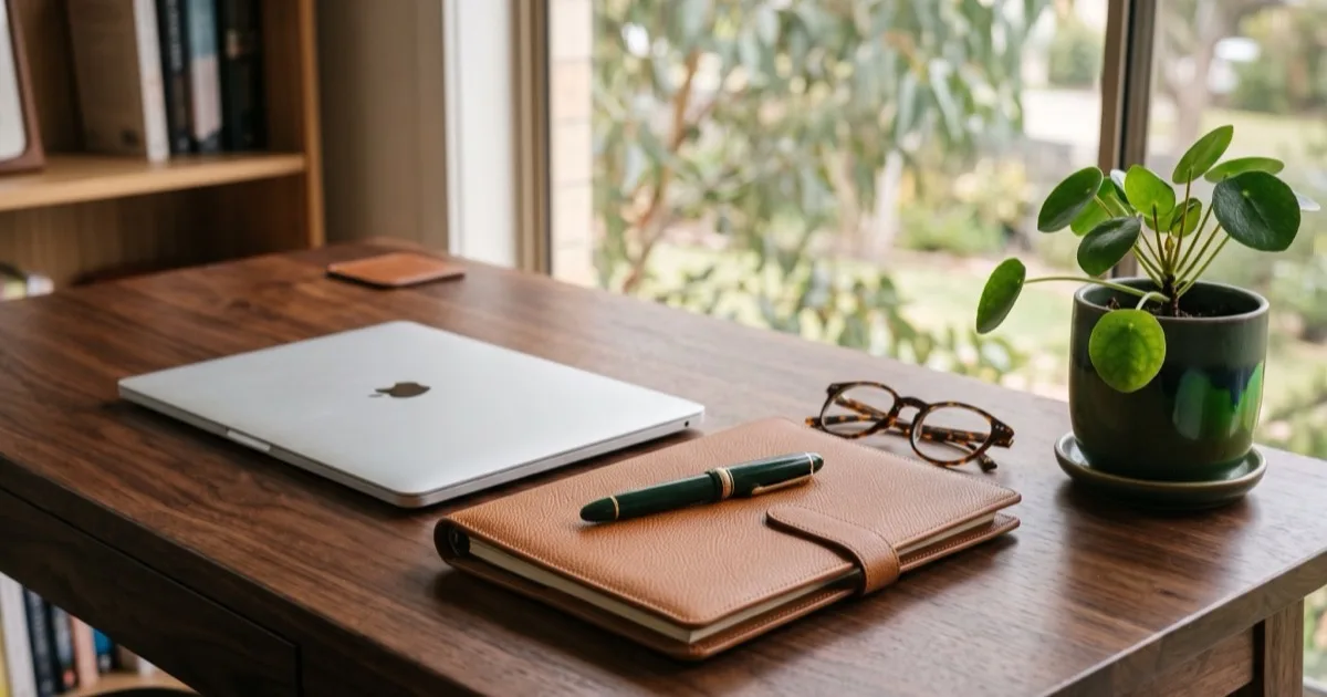 A tan leather document folio, a fountain pen, a laptop and glasses on a dark timber desk