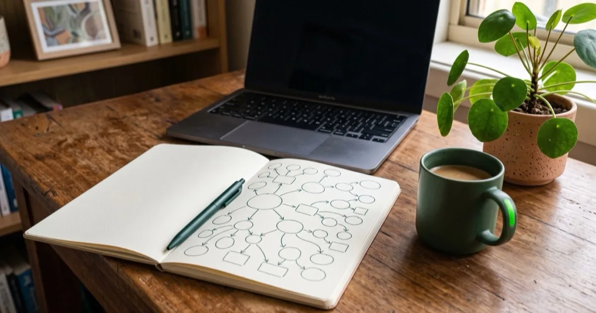 An open notebook with a hand-drawn role map, a laptop and a green mug