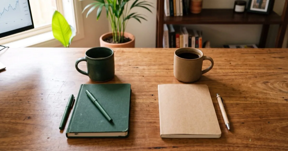 Two coffee mugs and two notebooks side by side on a desk, suggesting two career paths