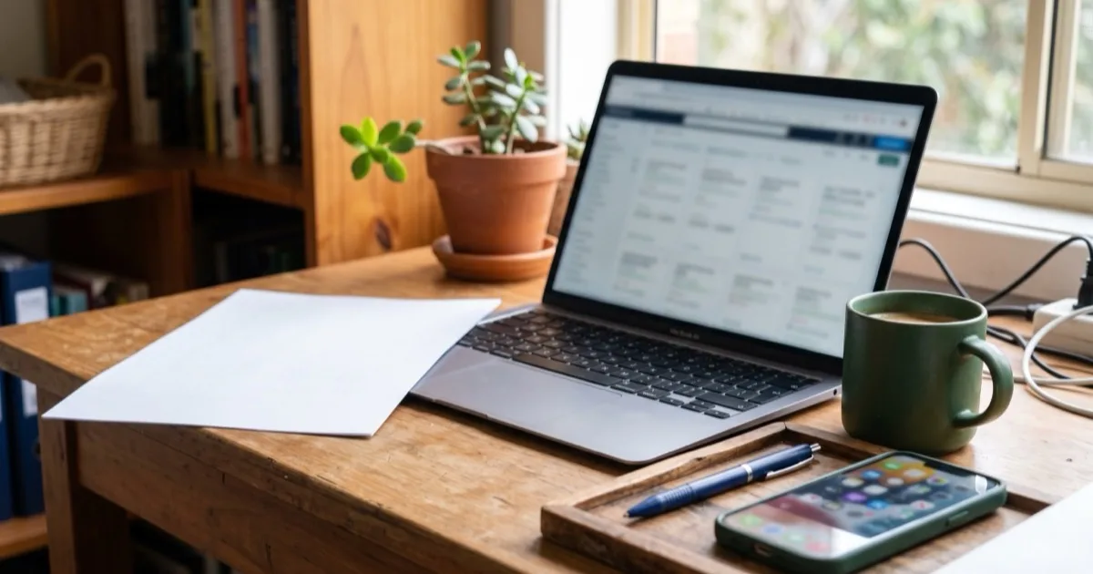 A laptop showing a job board, a printed page, a phone and a green mug