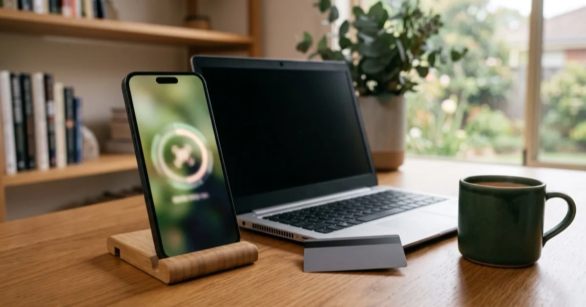 A smartphone showing an identity-verification scan beside a laptop and a green mug
