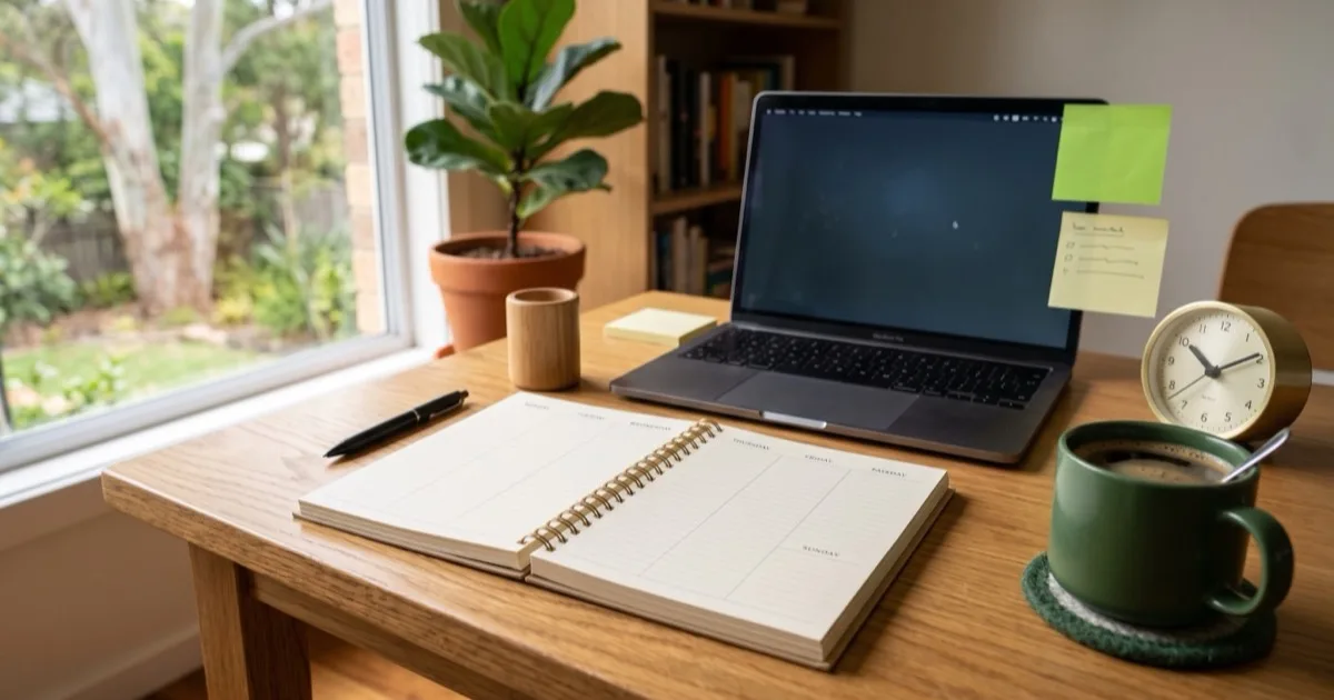 An open weekly planner, a small round desk clock, a laptop and a mug of coffee