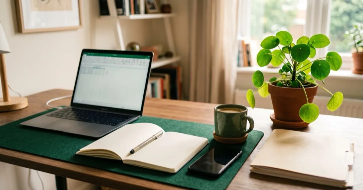 A tidy home-office desk mid-workday with a laptop, notebook, coffee and manila folders