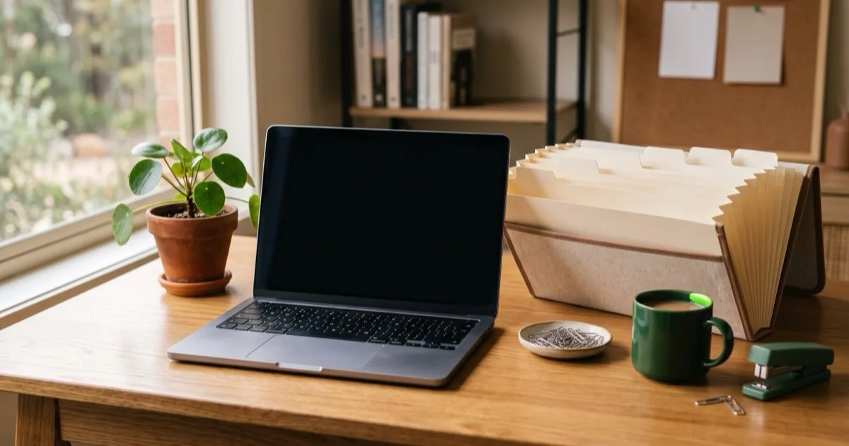 A laptop, a concertina folder organiser, a stapler and a plant on a light timber desk