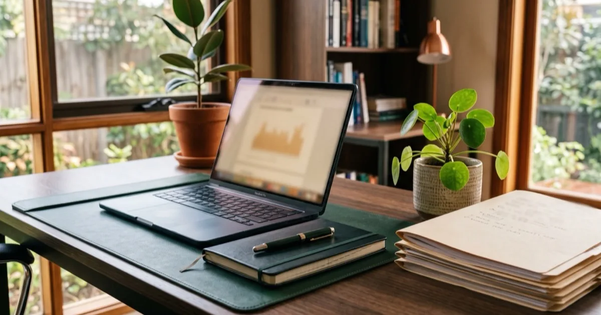 An established home-office desk with a laptop, a leather notebook, manila folders and a plant