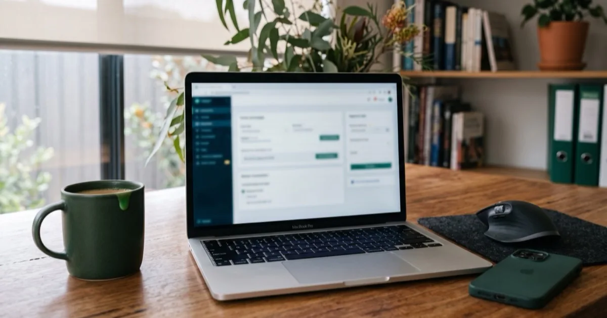 A laptop showing a lender lodgement portal, with a mouse, a phone and a green mug